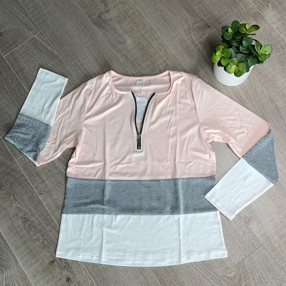 Blush Pink Silver Colorblock 1/4 Zip Tunic Sweater Shirt Women’s